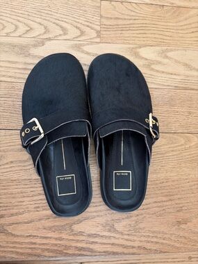 Brand new Dolce Vita Black Calfhair Slip-On Mules with Gold Buckles